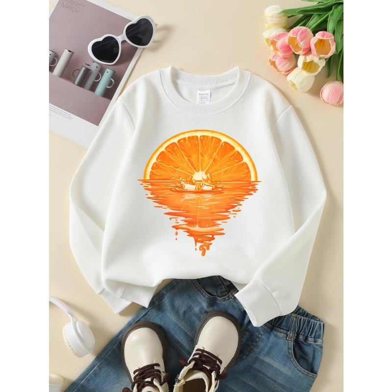 European Sizes Kids Sweatshirts, Girls' Autumn Winter Orange Slice Splash Print Long Sleeve Round Neck Sweatshirt, Casual Daily Wear.