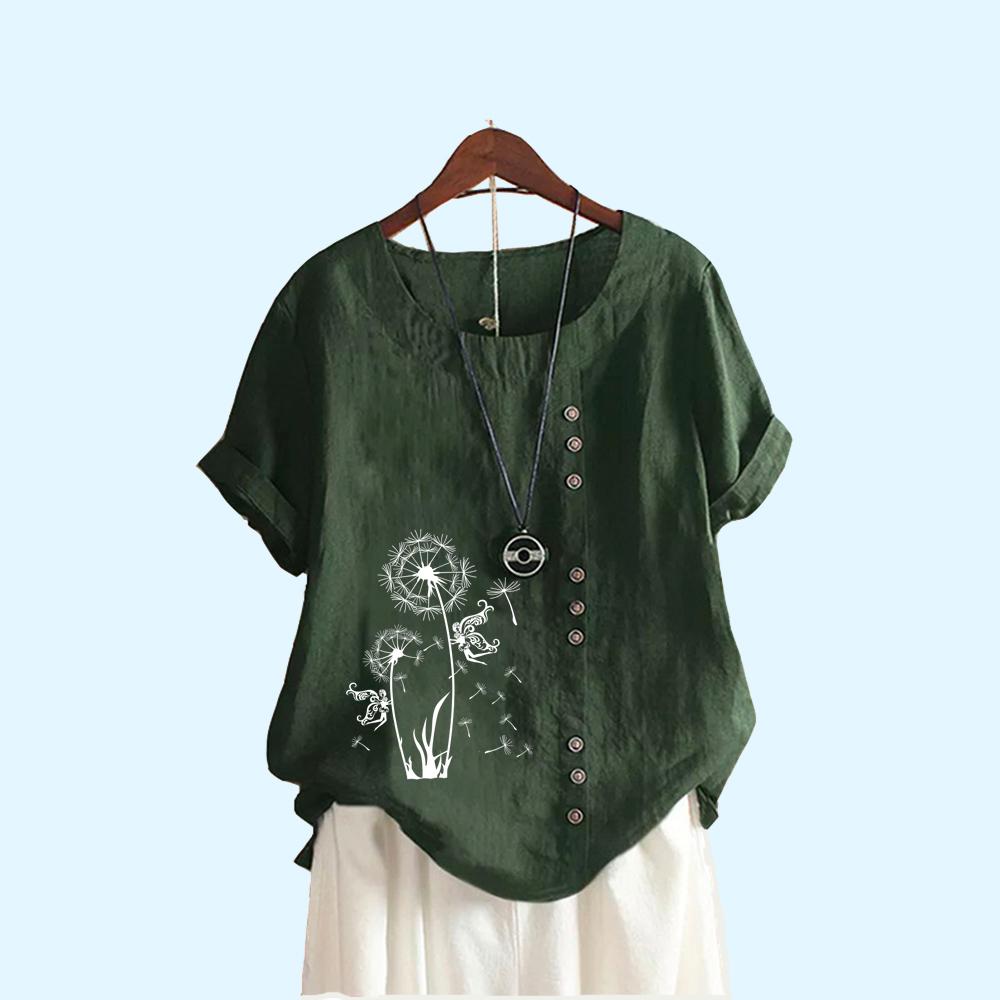 Women Fashion Print T-shirt Casual Short Sleeve Top Summer Round Collar Loose Plus Size Blouses