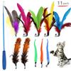 Cat wand with plush toy feather replacement head, extendable rod, self-entertaining chew toy set for cats