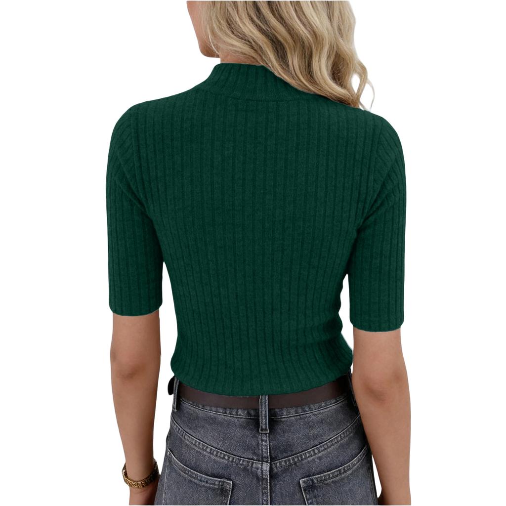 Women’s Ribbed Knit Mock Neck Short Sleeve Slim Fit Pullover Top for Casual or Office Wear Versatile Stretchy Sweater Tee
