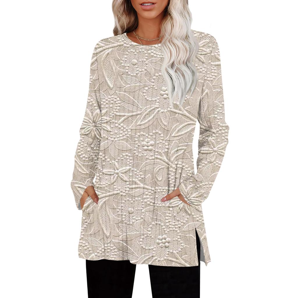 Womens Sweaters Crewneck Long Sleeve Shirts With Pockets Fall Outfits  Fashion Winter Clothing Side Slit