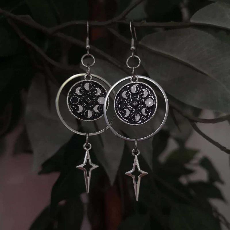 Celestial Moon Phase Earrings: Gothic Black & Silver Star Jewelry.