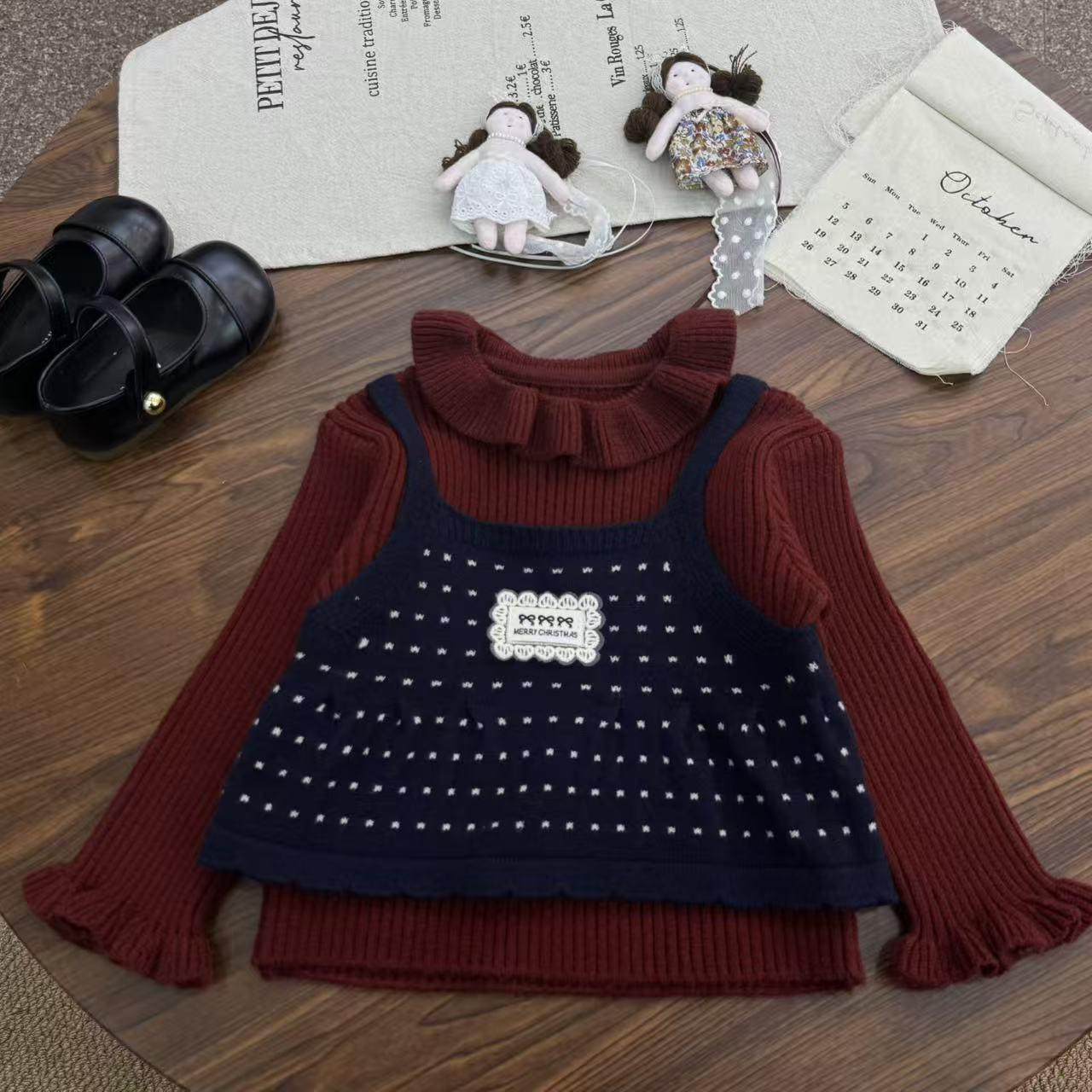

Girls Autumn/Winter Faux Two-Piece Sweet Knit Sweater with Small Lapel 130 cm темно-червоний колір