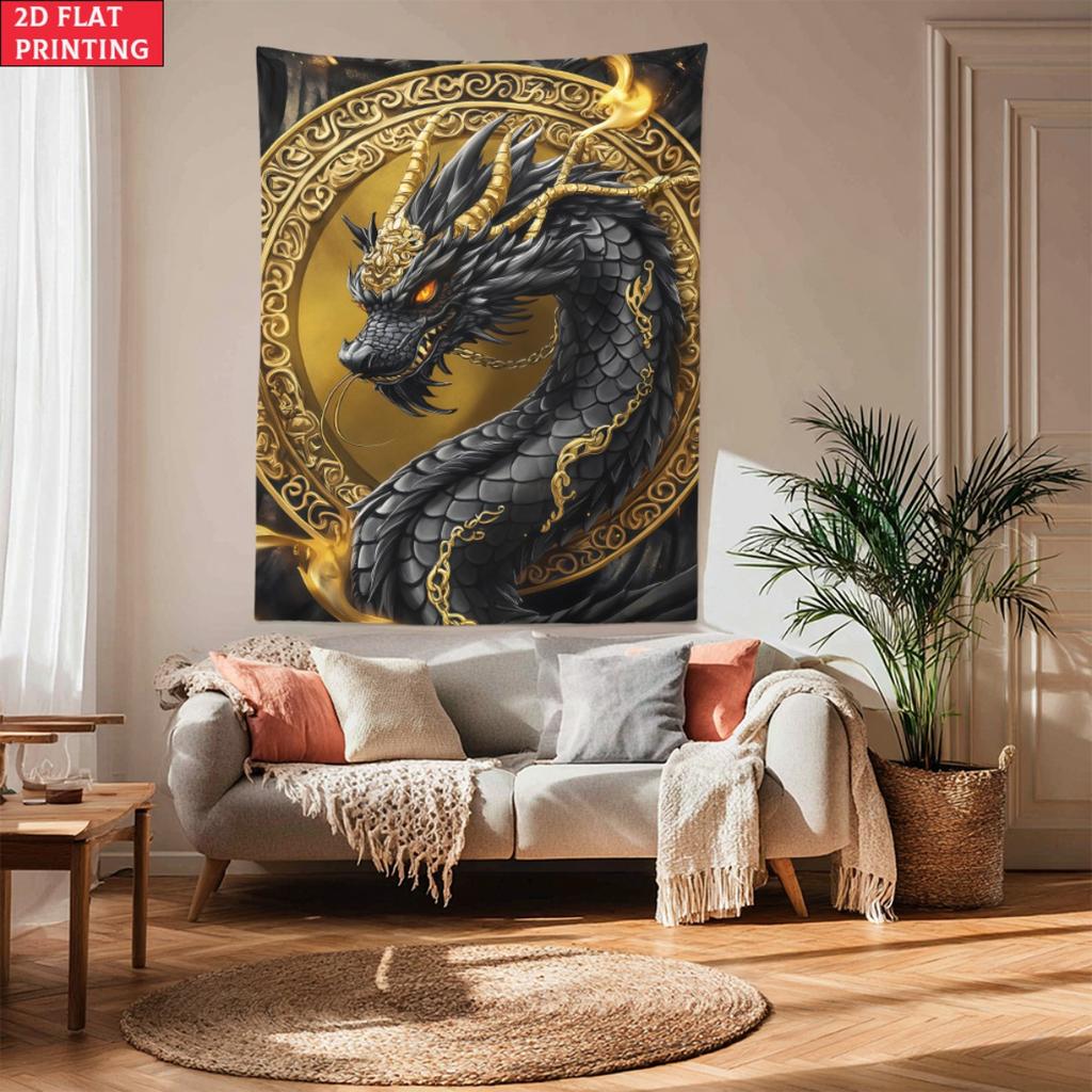 Golden Black Dragon Tapestry Oriental Mythical Creature Wall Hanging Asian Art Decor Chinese Dragon Print Living Room Art