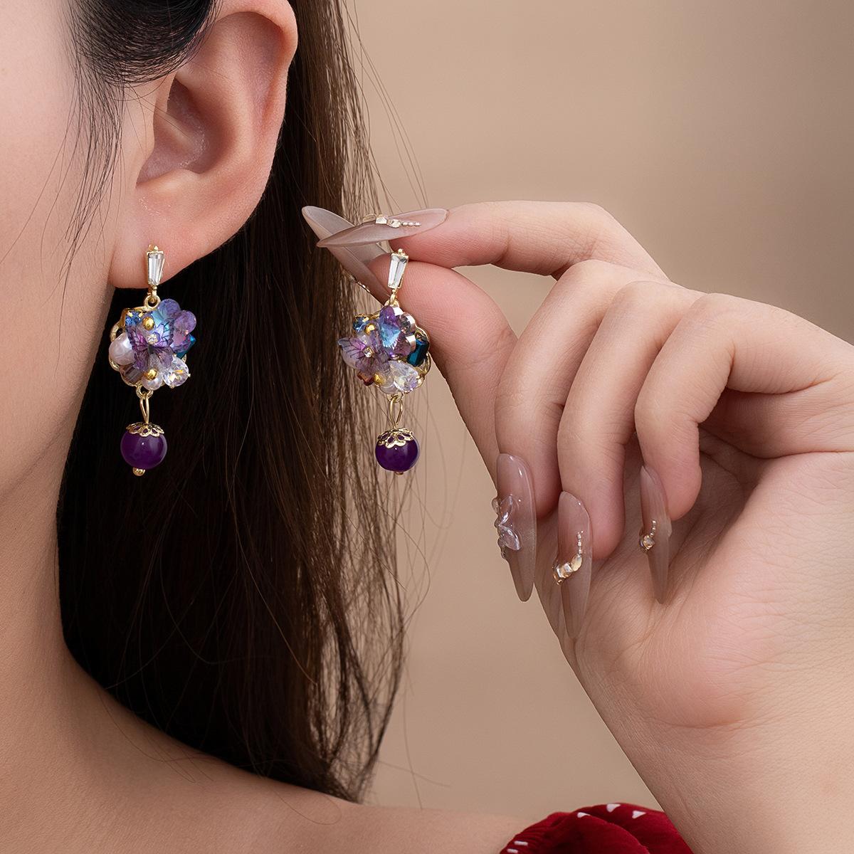 Niche Design Stud Earrings Female Purple Butterfly Flower Crystal Fringed Earrings Diamond Pearl Unique Earrings