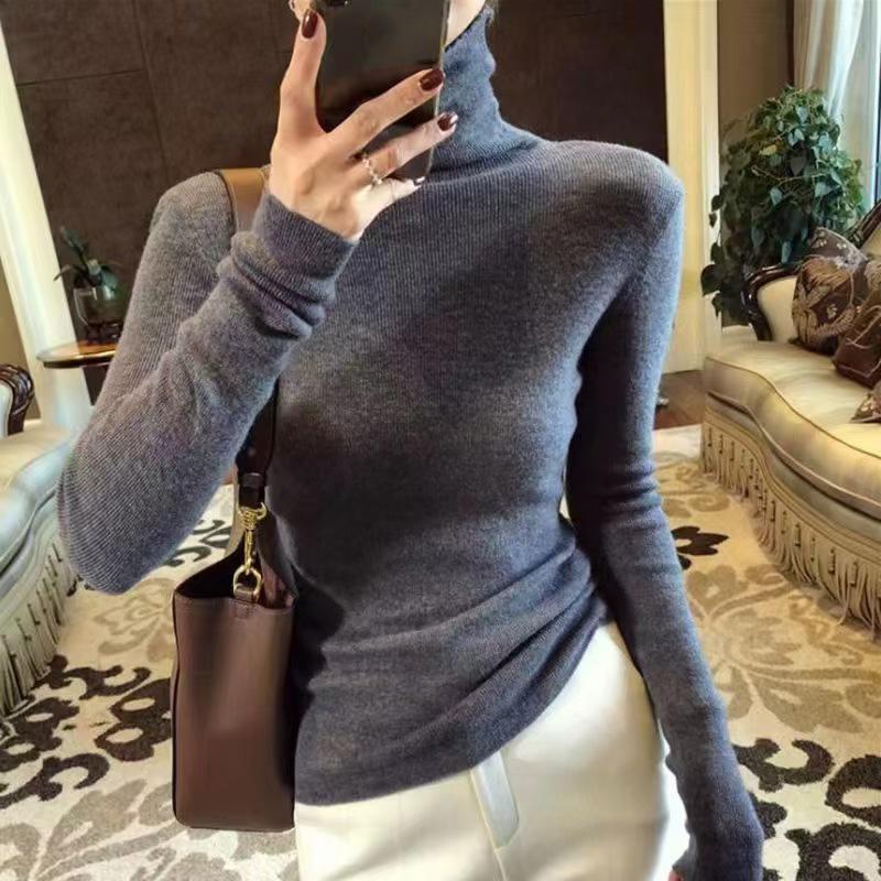 WTEMPO High Collar Stretchy Long Sleeve Slim Knitted Pullovers Women's Solid Color Casual Spring Autumn Soft Warm Sweaters