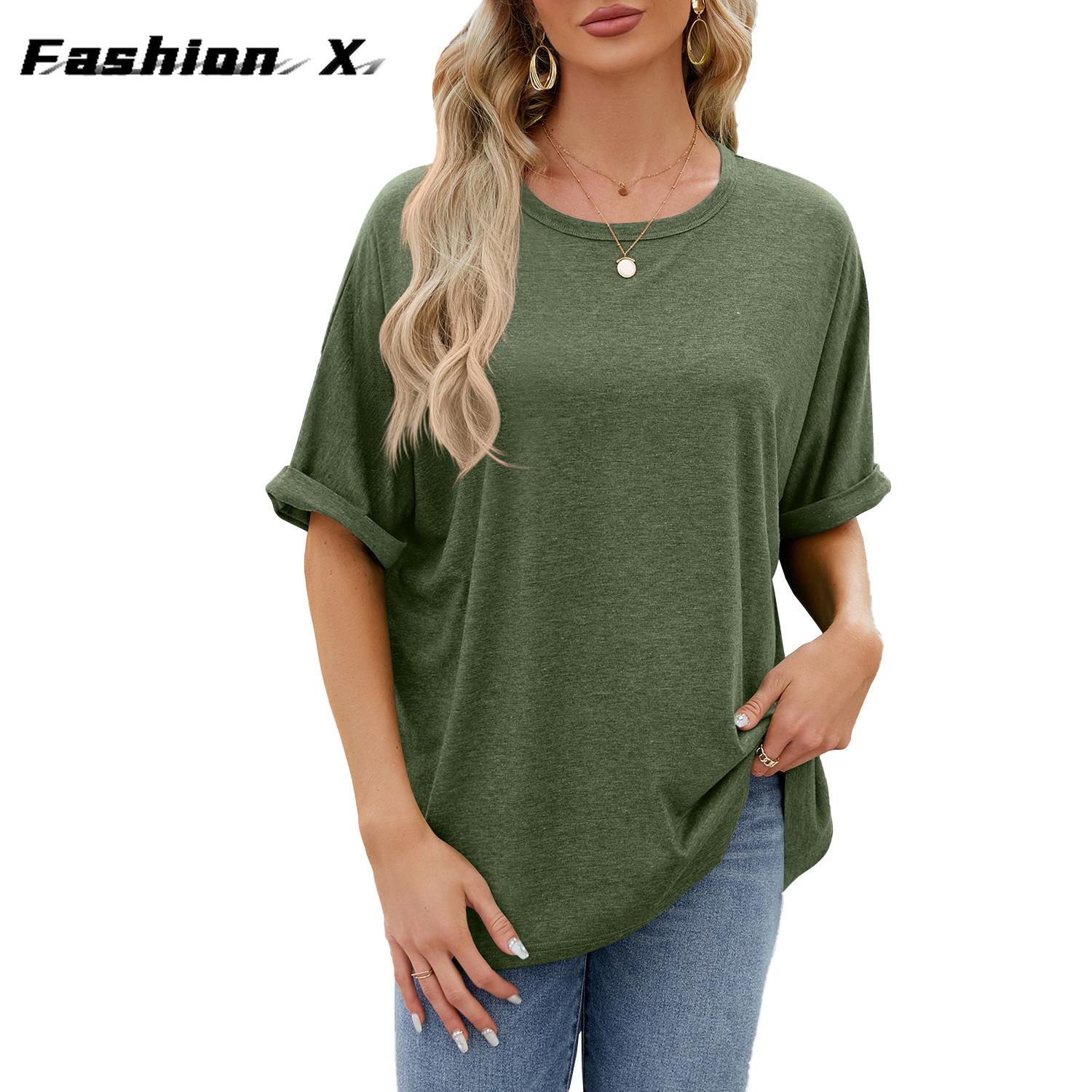 

2024 весна и лето, новые однотонные свободные футболки с круглым вырезом и короткими рукавами, женские топы 2XL армия зеленый