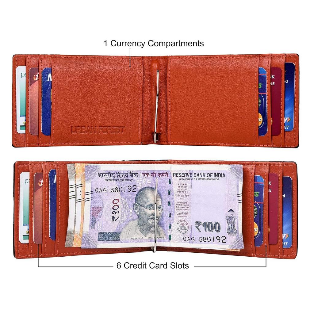 Eddy Black/Orange Money Clip Leather Wallet for Men - Minimal Leather Wallet for Men