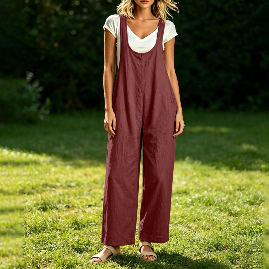 Damen Freizeit Ärmelloser Lockerer Jumpsuit mit Weiter Beinen und Taschen für den Alltag