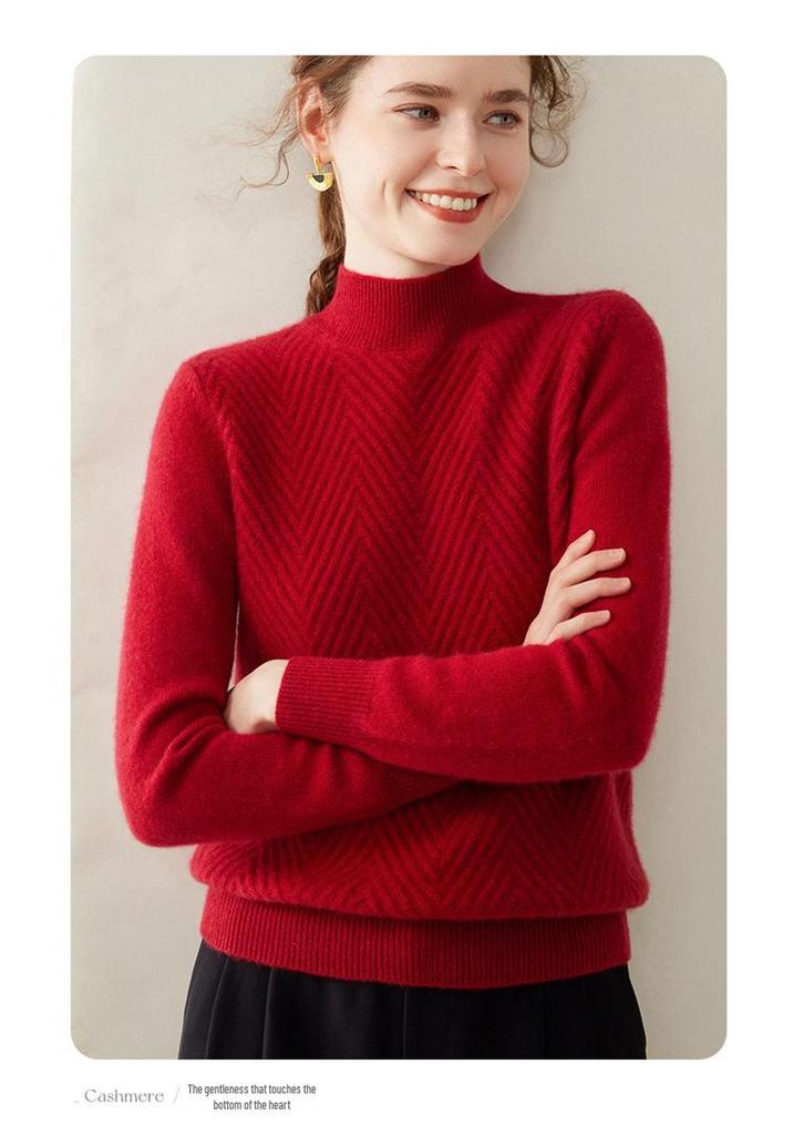 Women's Twist Pattern Cashmere Sweater - Half-High Collar, Knitted Pullover for Autumn/Winter, Loose Fit, Solid Color, Versatile Base Layer.
