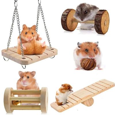 New Cute Rabbit Roller Toys Natural Wooden Pine Dumbells Unicycle Bell Chew Toys for Guinea Pigs Rat Small Pet Molars Supplies