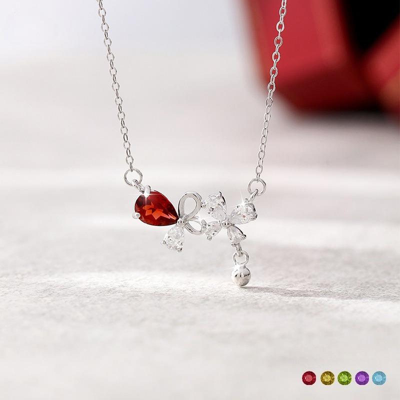 Natural crystal stone s925 sterling silver necklace women's light luxury garnet olivine butterfly love flower niche collarbone chain