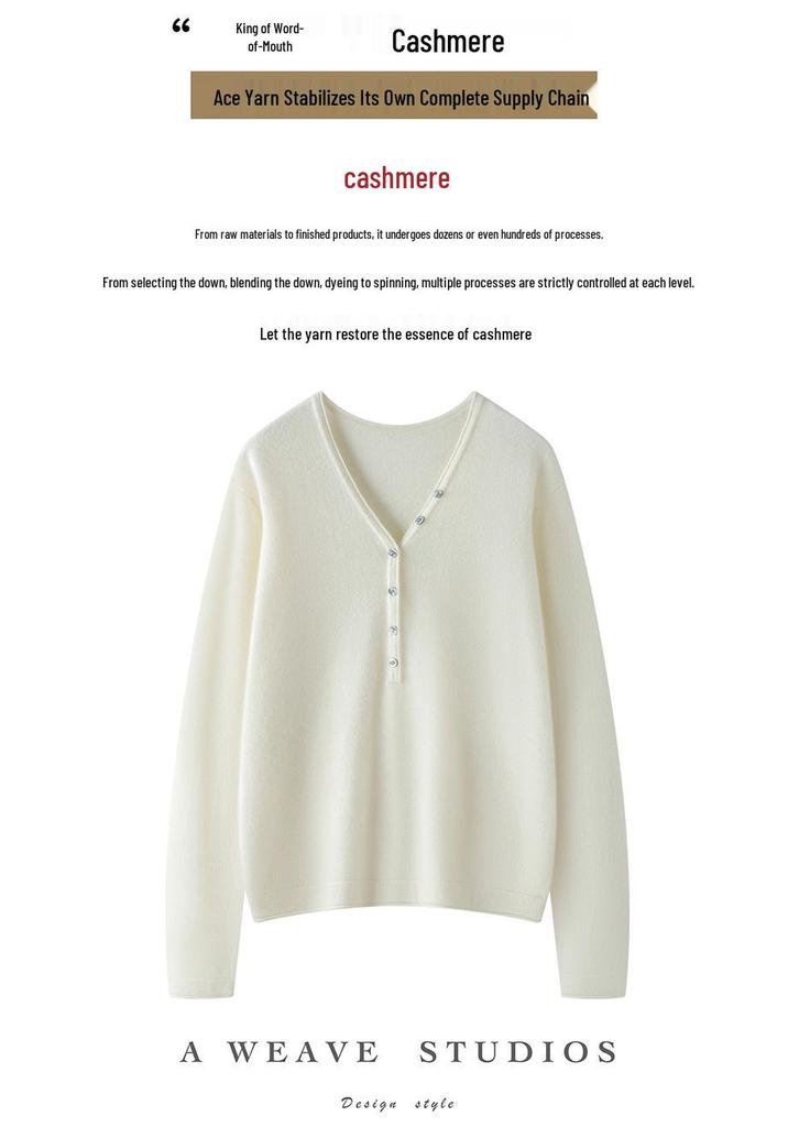 V-Neck Half-Button Soft Cashmere Sweater - Women's 2026 Autumn Base Layer, Elegant Solid Color