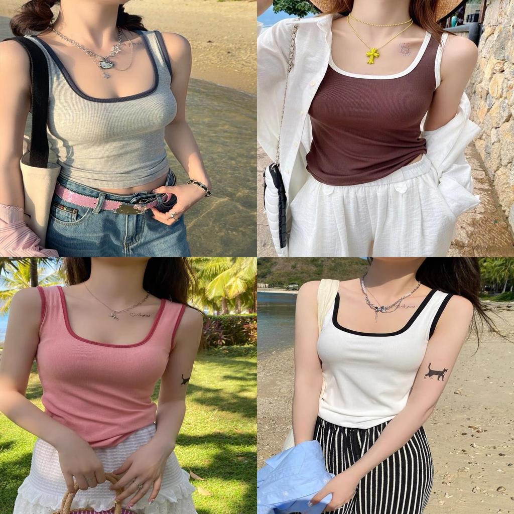 Womens Summer Spliced Cotton Ribbed Tank Top With Builtin Bra For Casual Wear
