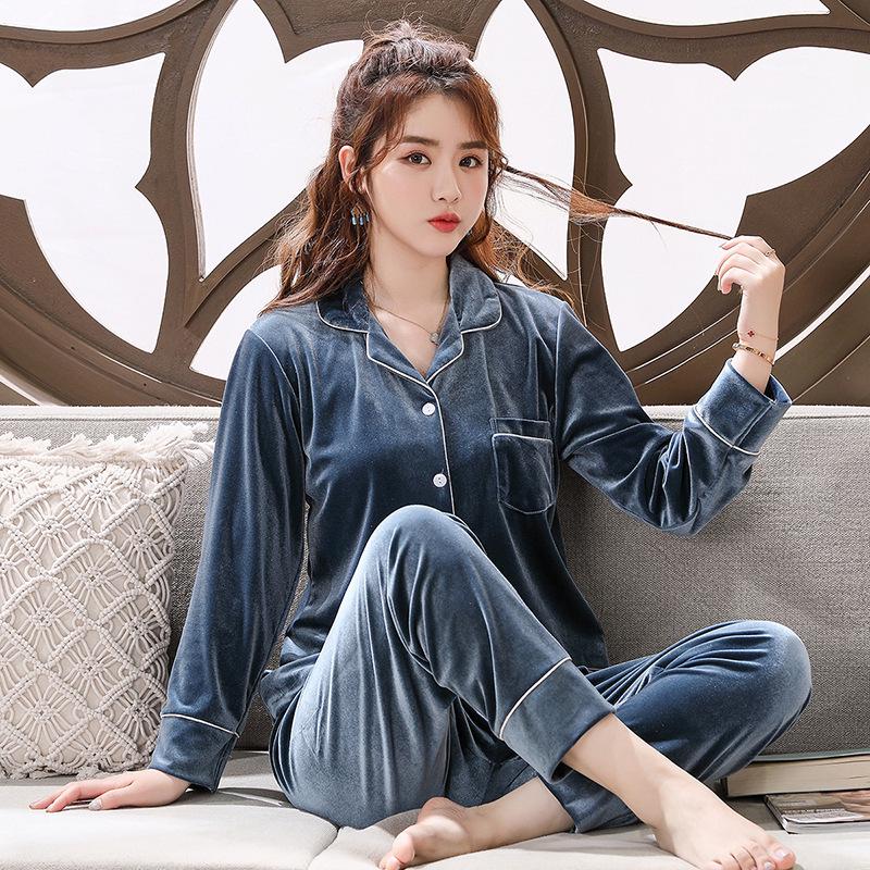 Pijamale de cuplu din catifea aurie - Set cardigan cu mânecă lungă de toamnă/iarnă pentru femei, Modă coreeană, Haine de casă casual