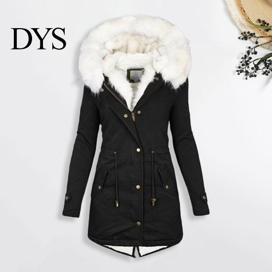 Long Down Jacket Women Winter Cotton Coat Plus Size Faux Fur Hood Fleece-lined Zip-up Temperature Locking Press Button Closure Windproof Mid