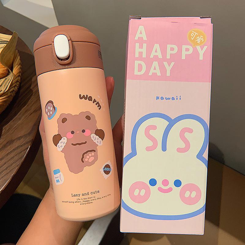 "Cartoon Stainless Steel Thermos with Straw - Cute, Portable, Leak-Proof, Lockable Winter Water Cup for Students."