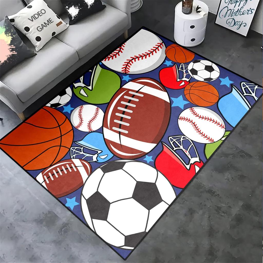 Sports Balls Play Rug for Kids Bedroom, Soccer, Basketball, Football, and Tennis Ball Carpet, Non-Slip Playroom Floor Mat