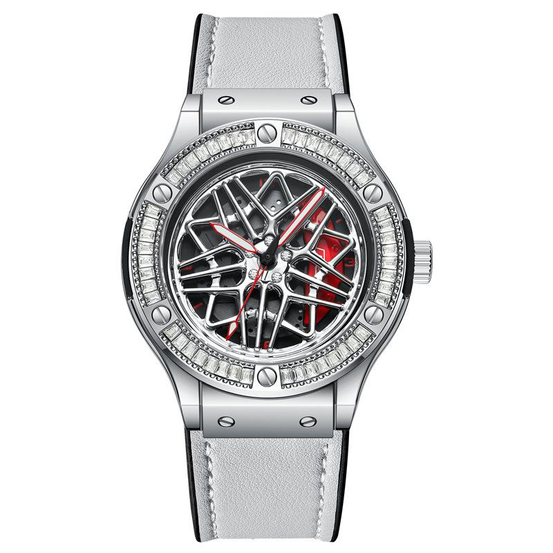 SVJ Ladies 360° Rotating Wheel Hub Luminous Waterproof Leather Strap Quartz Watch