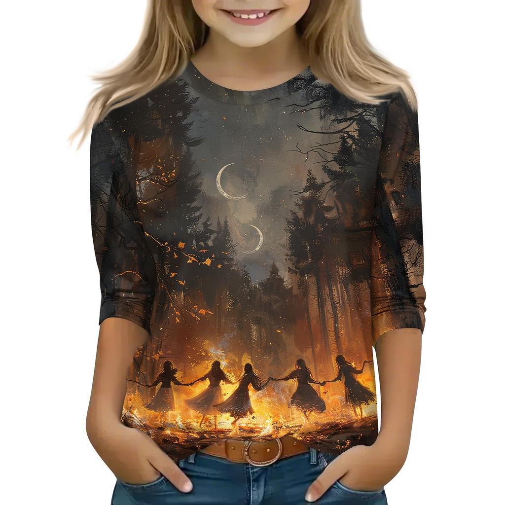 Children's 3/4 Sleeve Tops Casual Halloween Print T Shirt Round Neck Pullover Blouse