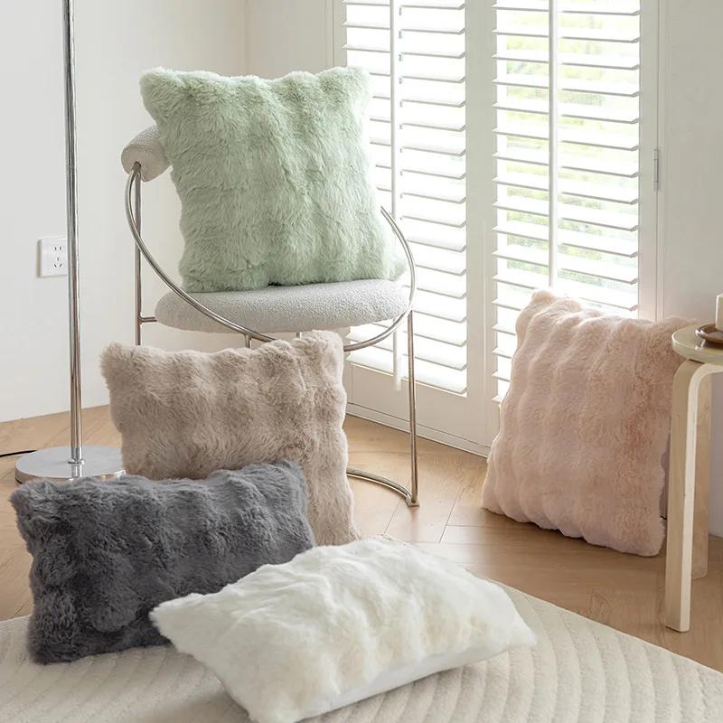 B032 Imitation Rabbit Hair Bubble Pile Pillow Autumn and Winter Solid Color Plush Living Room Sofa Cushion Pillow Cover
