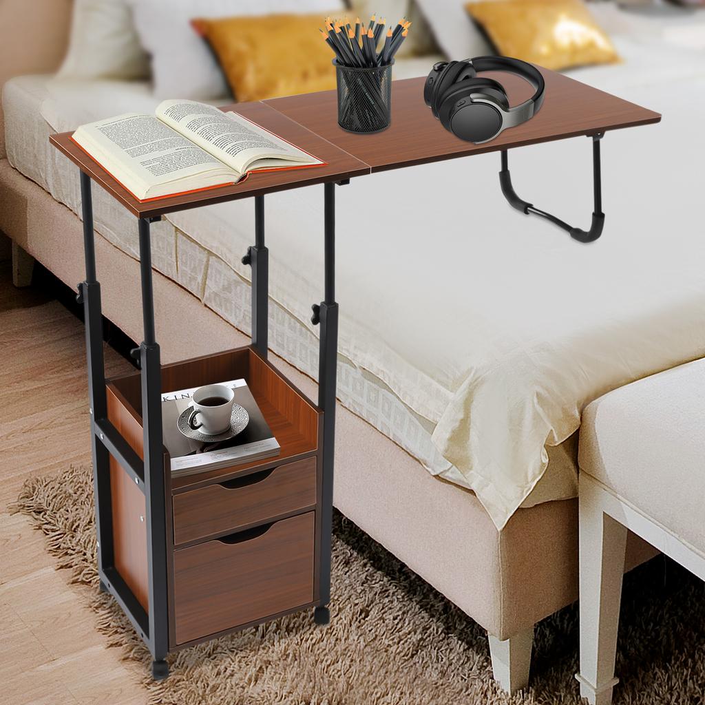 Overbed Table On Wheels, Movable & Adjustable Bedside Laptop Desk, Rolling Hospital Bed Tray W/ Storage Cabinet, Fits Over Couch
