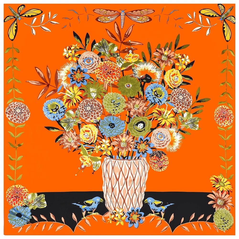 

130СМ Женский Большой Шаль Французская Ваза И Цветок Принт Квадратная Бандана Роскошный Красочный Платок Хиджаб Шарф 130x130cm