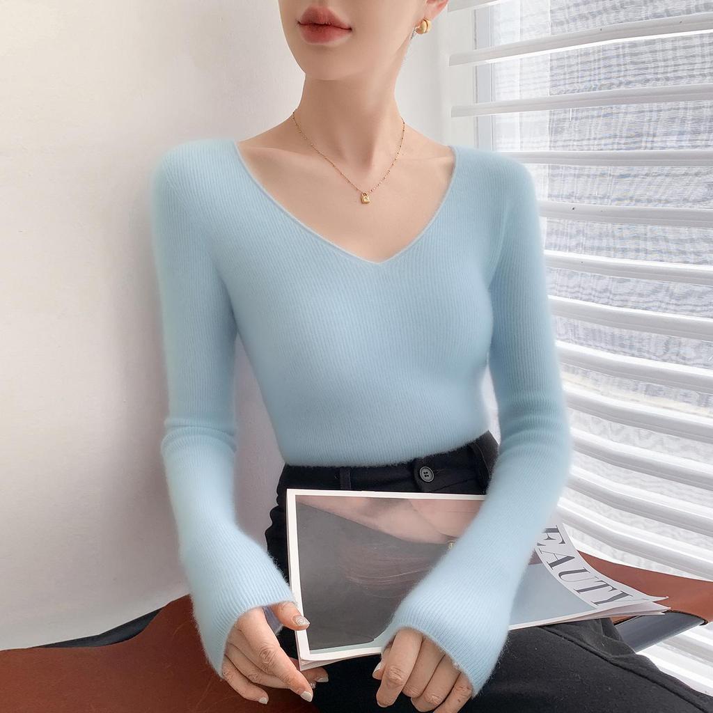 Women's V-Neck Cashmere Pullover - Loose Fit Solid Color Base Layer for Autumn/Winter