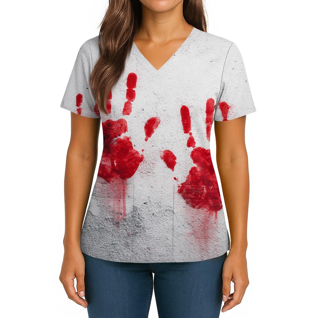 Women's Halloween Printed V-Neck Double Pocket Short Sleeves Hem Slit Uniform Caregiver Top