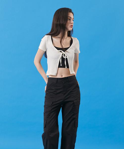 Koleat Summer Cooling Crop Bolero Ribbon Short Sleeve T-Shirt Cardigan [Ivory]
