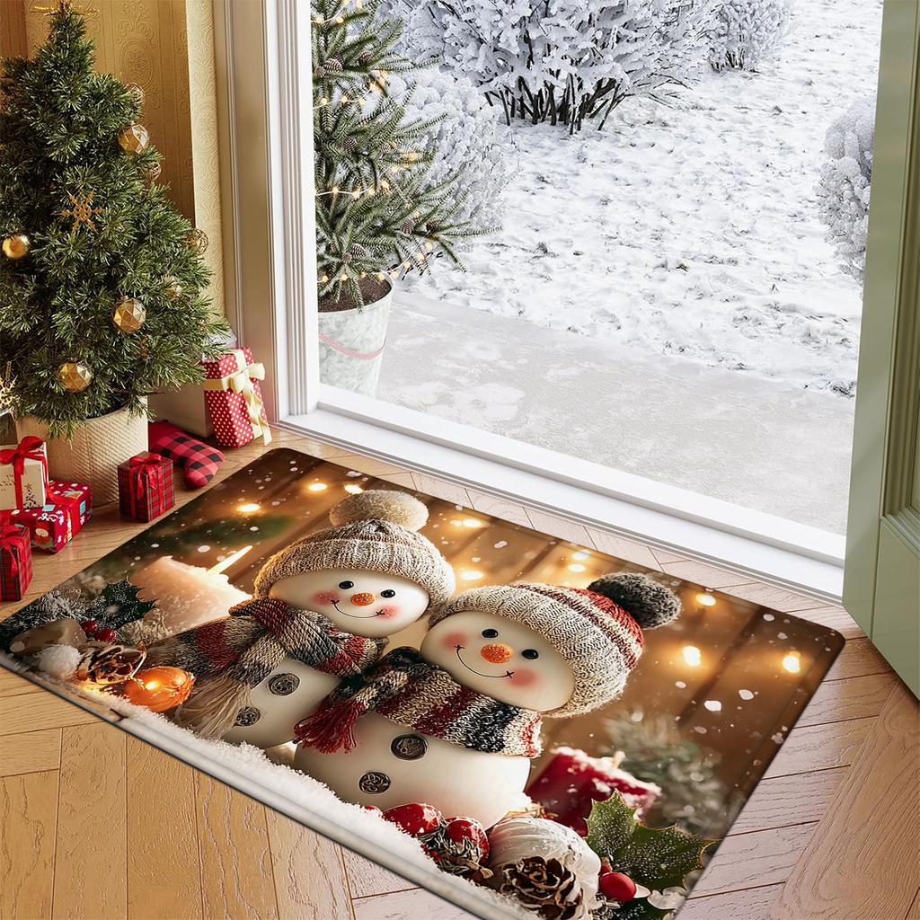Snowman Print Non-Slip Mat Carpet, Red White Snowman Holly Berry Border Plush Mat for Indoor Outdoor Entryway Decor