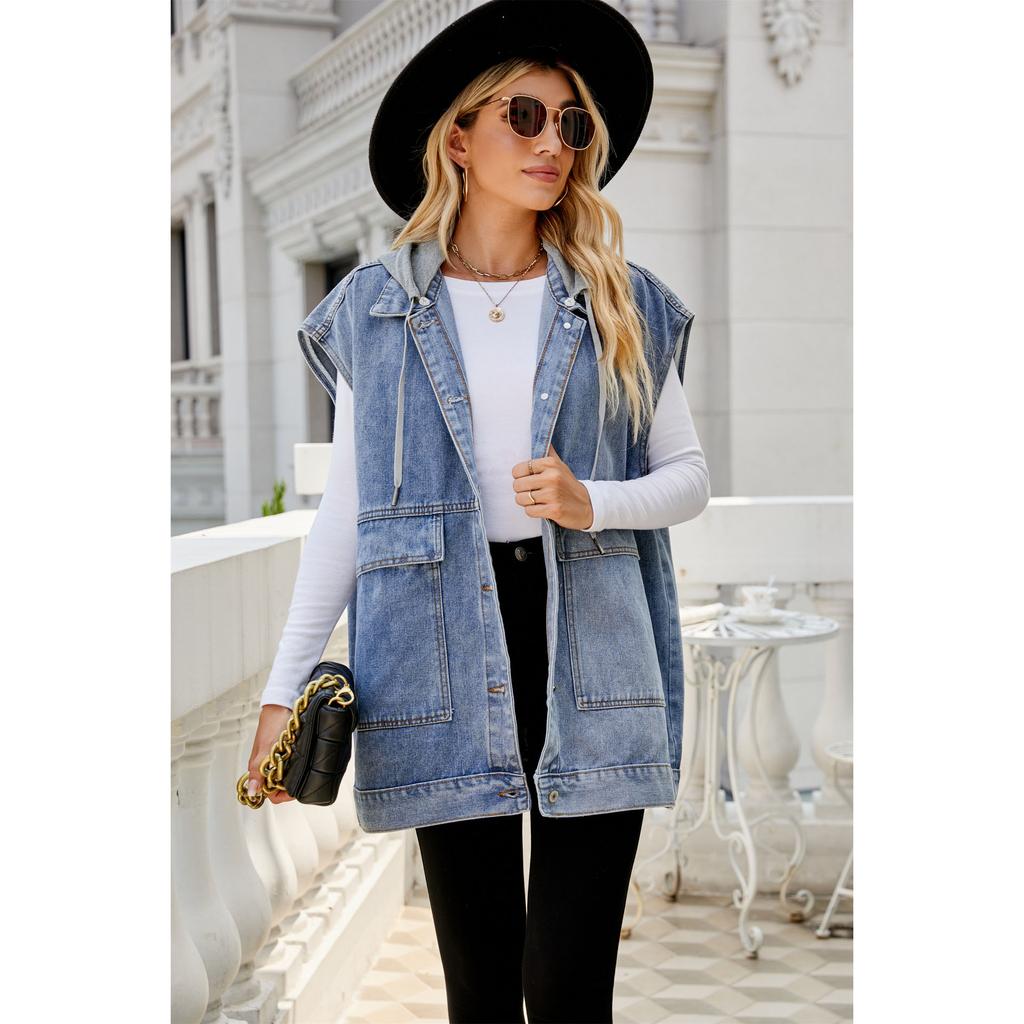 Moda Damska Jeansowa Jesień Wiosna Bez Rękawów Casual Klapka Top Kurtka z Kapturem Plus Size