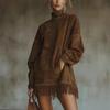 High Neck Suede Tassel Dress with Pockets