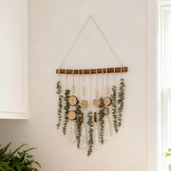 Bohemian Artificial Plants Hanging Tapestry, Handmade Tapestry with Wooden Beads Chips, Living Room Bedroom Wall Art Decoration
