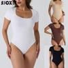 Seamless Ribbed Bodysuit: Women's Slim Fit Short Sleeve for Yoga and Fitness