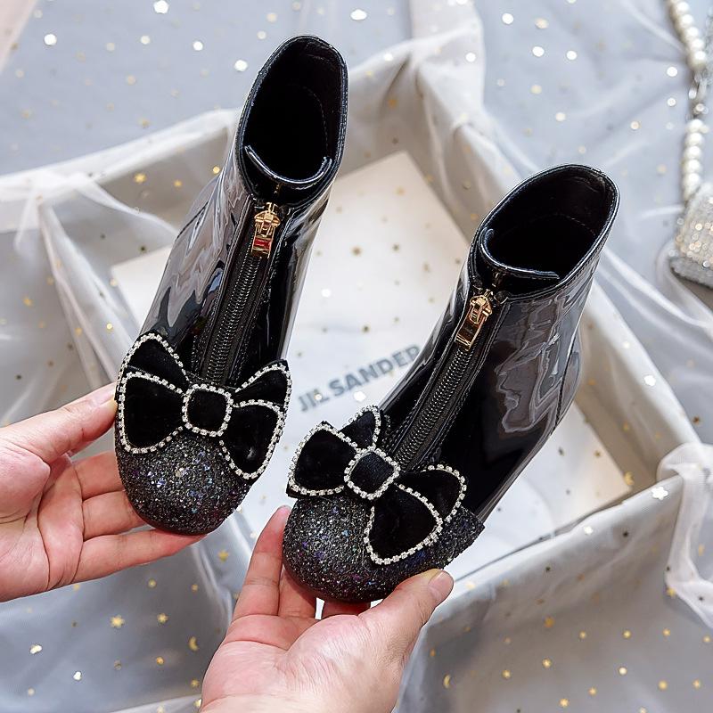 Girls Boots Children's Spring and Autumn Single Boots 2025 New Baby Martin Boots Winter Fleece Leather Boots Princess Crystal Short Boots