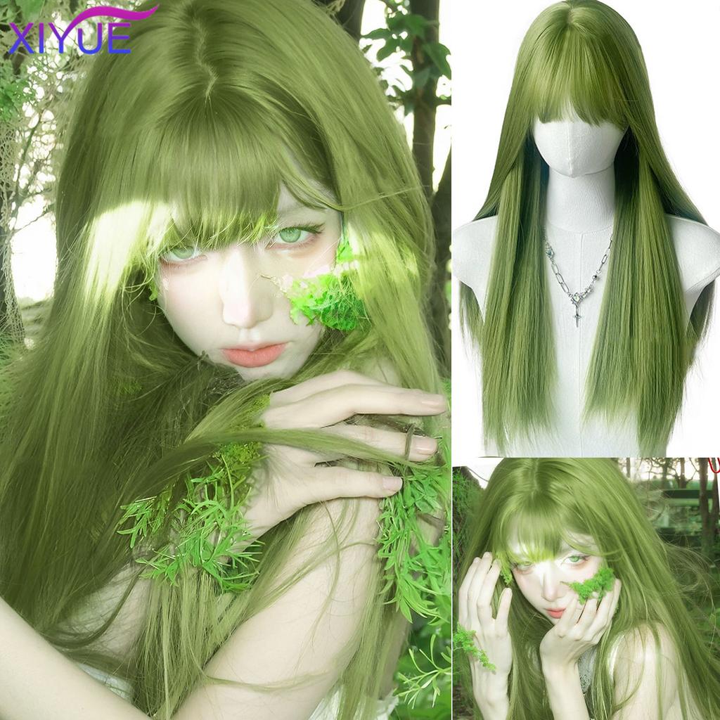 XIYUE Cosplay-Perücke mit Pony Synthetisches glattes Haar 20 Zoll lang Hitzebeständig Fruchtgrüne Perücke für Damen