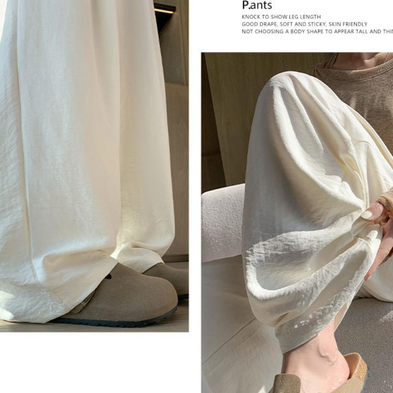 Women's Spring Summer Textured Lazy Style Cream-Colored Casual Versatile Drapey Wide-Leg Trousers