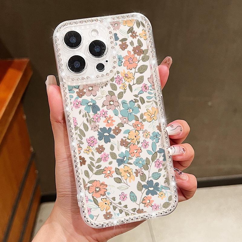 Flower Pattern Clear Soft Silicone Case For iPhone 16E 16 Pro Max 15 Pro 14 13 12 11 Diamond Frame Shockproof Transparent Phone Cover
