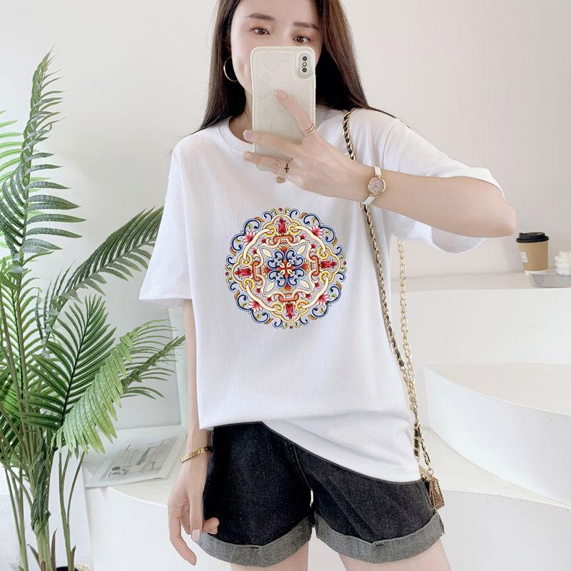 

Летняя хлопковая женская футболка с круглым вырезом и коротким рукавом, новая футболка с трендовым принтом S белый