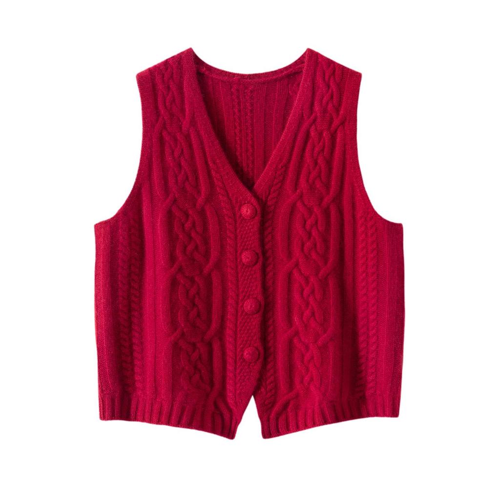 Women's 100% Pure Cashmere Thickened V-neck Cable Knit Cardigan Vest for Autumn/Winter