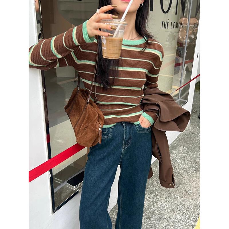 2025 Autumn/Winter Retro Striped Color Block Slimming Korean Knitted Sweater