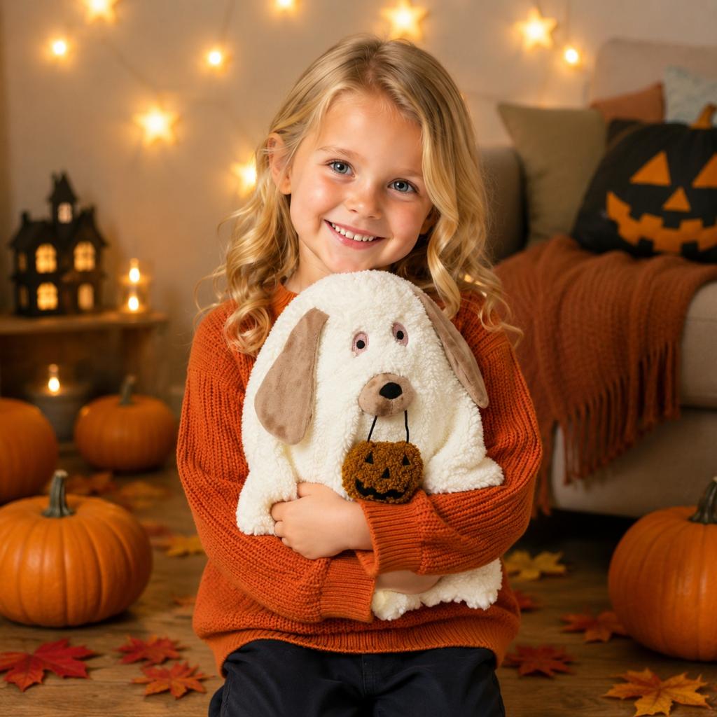 Plush Ghost Dog Toy Soft Stuffed Animal Halloween Decoration with Pumpkin Accessory for Kids and Collectors
