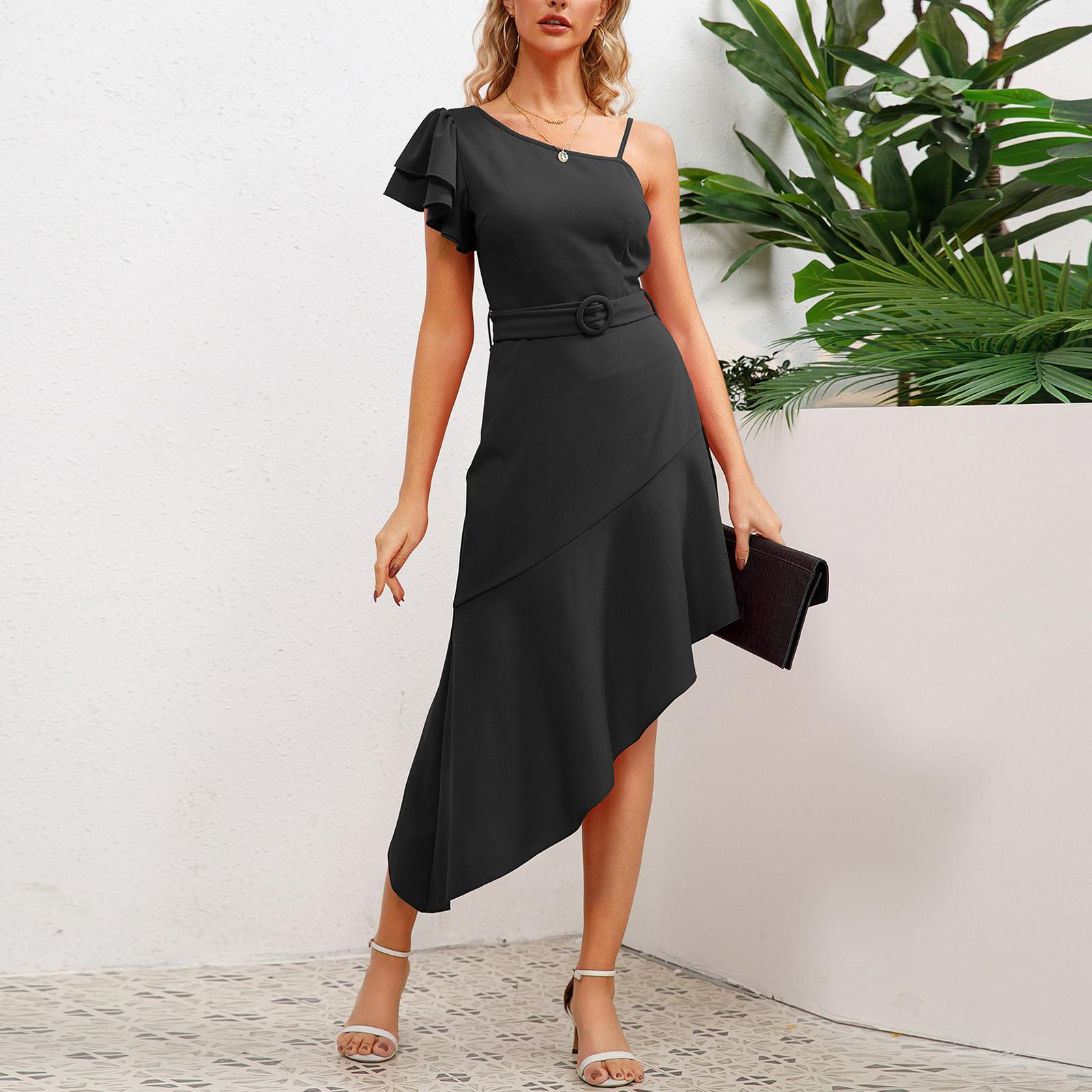 Женские модные платья Платья с наклонными плечами и высокой талией — фото 4