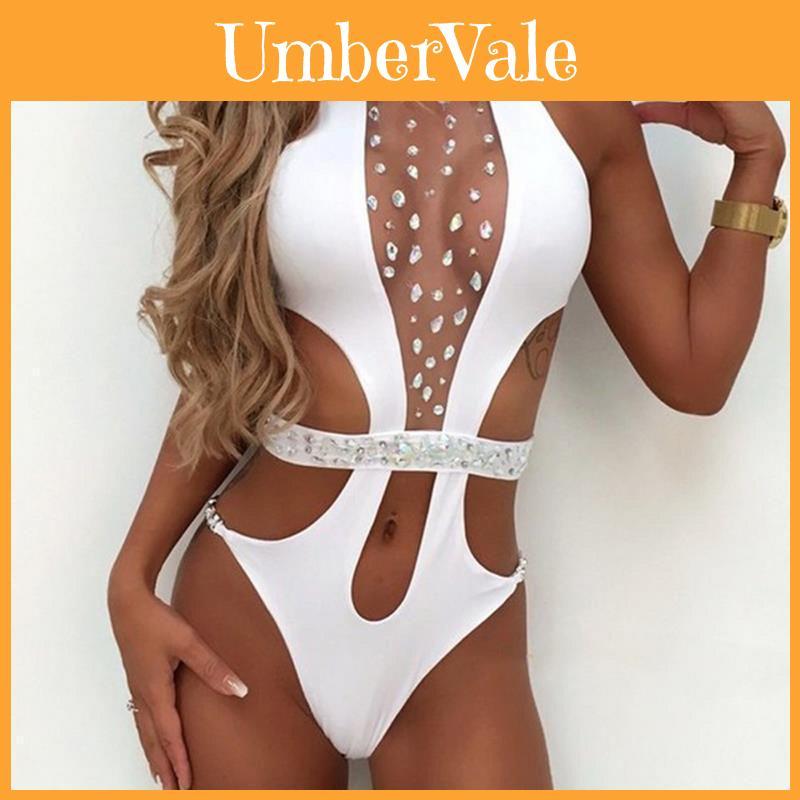 Elegant Sexy Women One Piece Swimwear With Crystal Pattern Cut And High Mesh Design