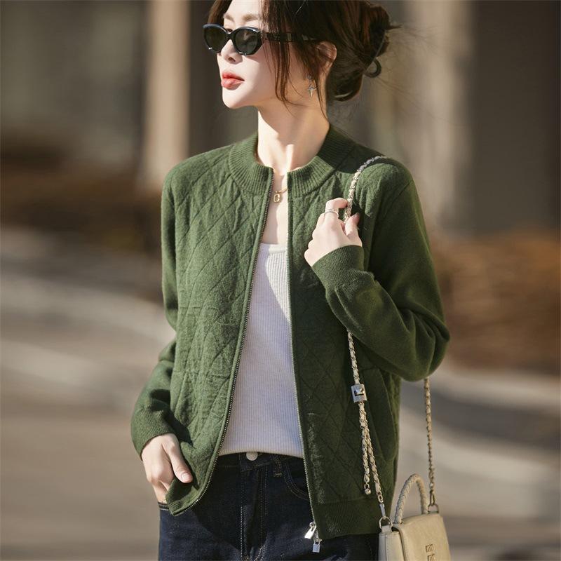 Autumn And Winter New Worsted Wool Crew Neck Knitted Cardigan Double Zipper Long Sleeve Rhombus Air Layer Top