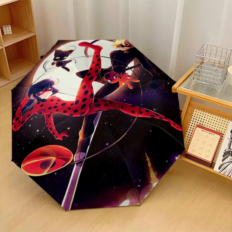 Stampa Miraculous Ladybug 8?Ombrello Pieghevole Automatico con Stecche Resistente al Vento Leggero per Viaggi all'Aperto