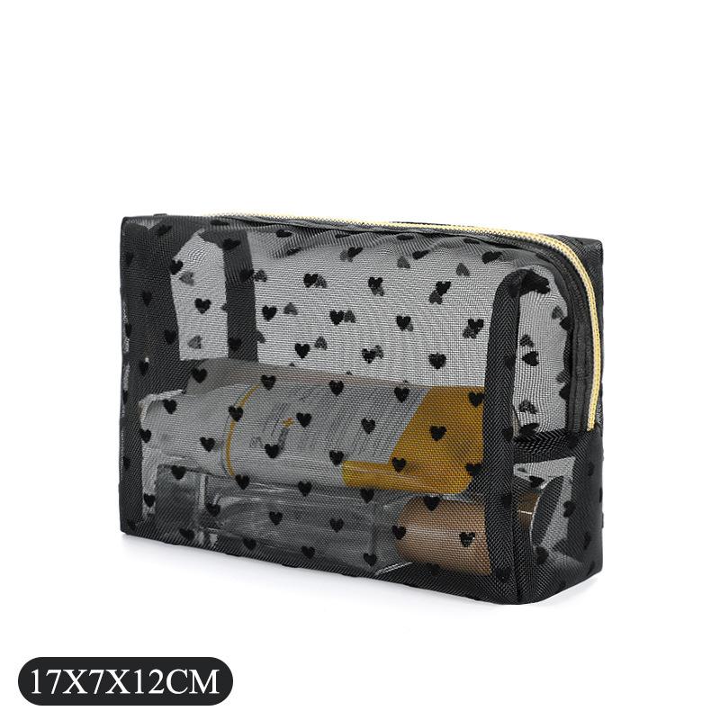 1pc Women Makeup Bag, Mesh Heart Flocked Decor,  Minimalist Mesh Heart Design Large Capacity, For Daily Use & Travel Makeup