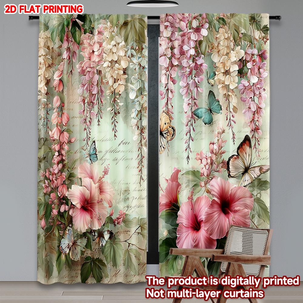 

Vintage Flat Printing Happy Valentine Day Party Curtains Floral Plants Butterfly Green Pink Beige Digital Printed Set Of 2 Made Polyester W100*H70(CM)-Hooks&1PCS