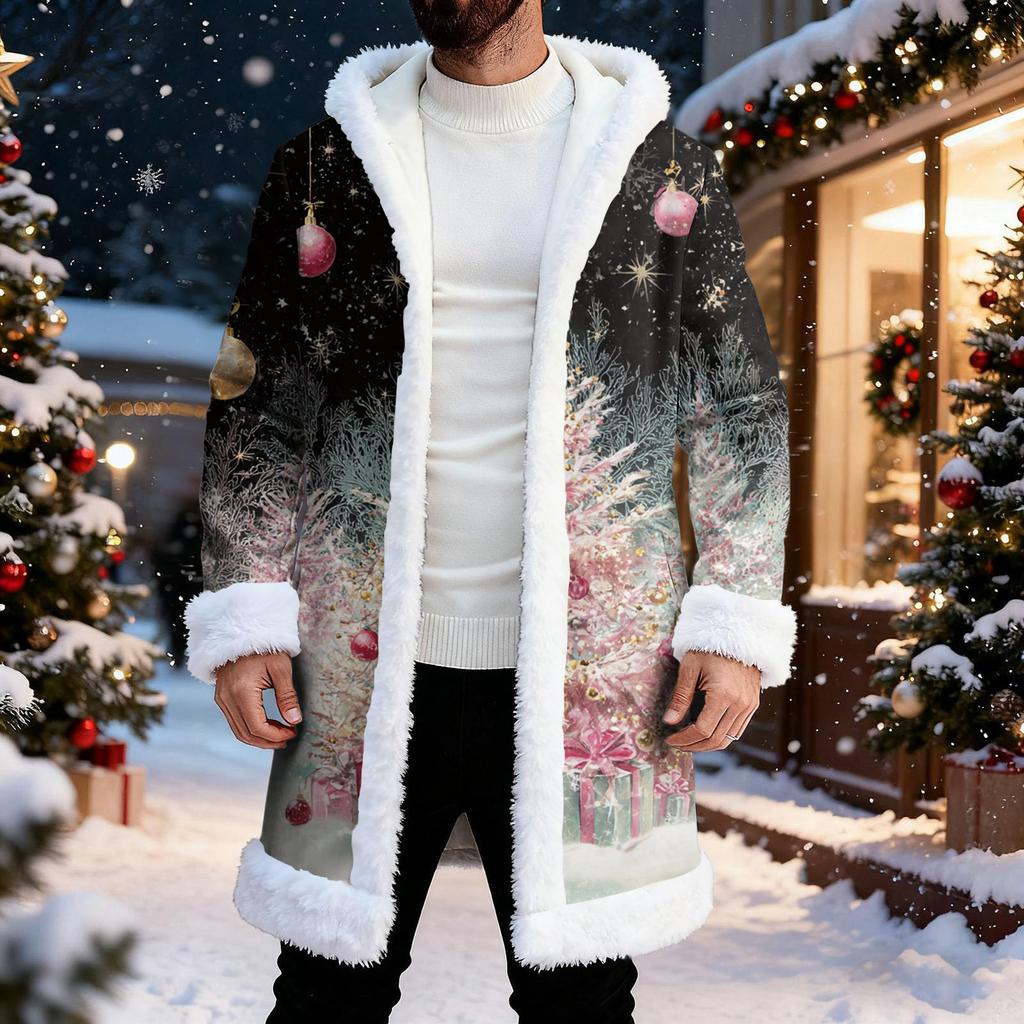 Men's Christmas Long Hooded Cardigan With Pockets Warm Jacket